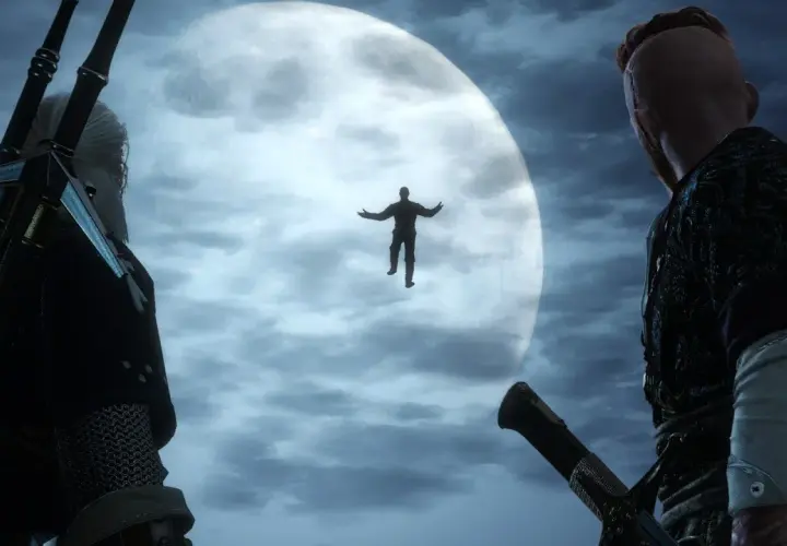 Geralt i Dijkstra patrzą na unoszącą się postać na tle księżyca. Scena jak z pan lusterko dubbing.