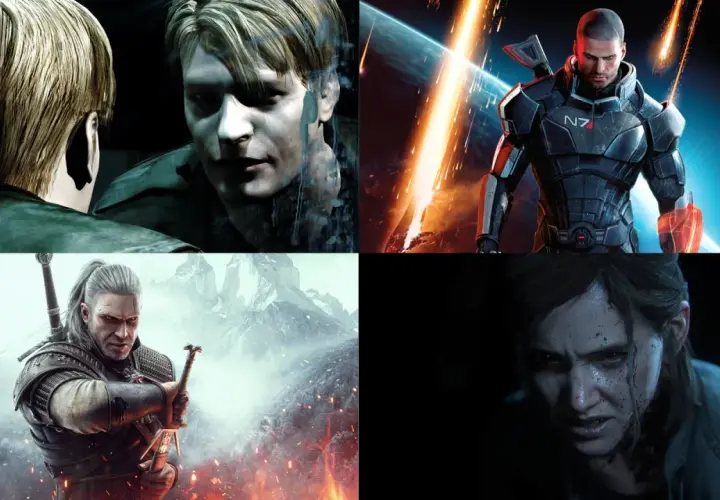 Kolaż postaci z gier rpg: James Sunderland, Commander Shepard, Geralt z Rivii i Ellie.