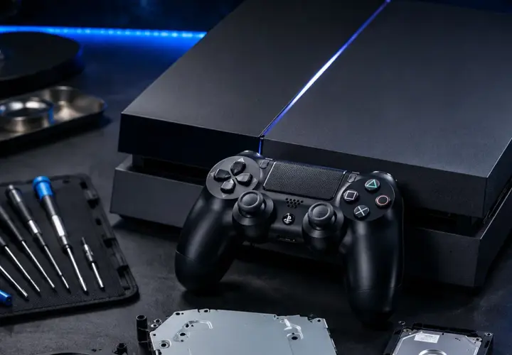 Konsola PS4 i kontroler, gotowe do naprawy, jak kiedy wyszło ps4. Narzędzia i części leżą obok.