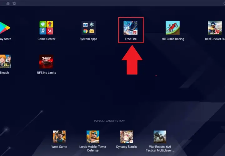 Ekran startowy emulatora BlueStacks z ikoną gry Free Fire.
