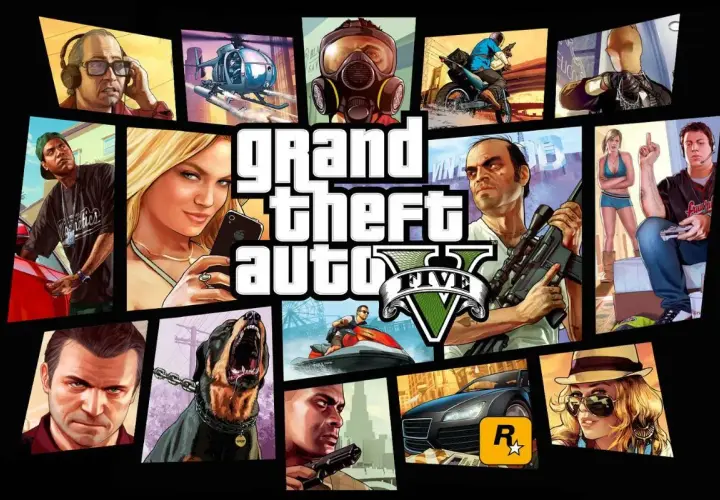 Kolaż postaci z GTA V, w tym Franklin, Michael, Trevor i Chop. Szukasz kod na pieniądze GTA 5?