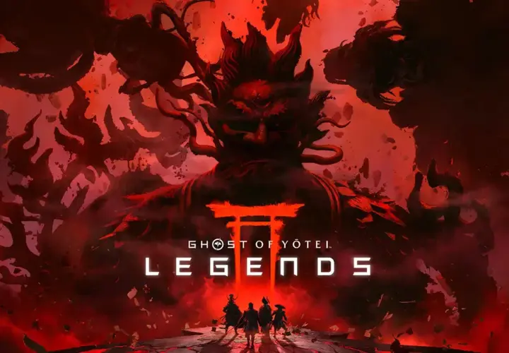 Czterech wojowników staje naprzeciw złowrogiej, demonicznej postaci w czerwonej poświacie. Tytuł "Ghost of Tsushima: Legends" sugeruje nadchodzącą przygodę.