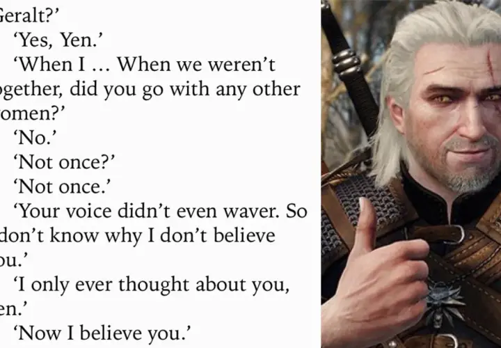Geralt z Rivii, dając kciuk w górę, potwierdza swoje uczucia. Te wiedźmin cytaty pokazują jego wierność.