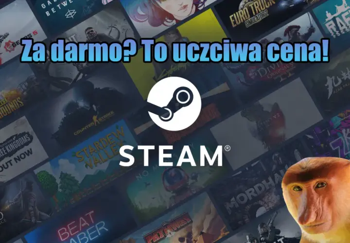 Darmowe gry na Steam to świetna okazja! Tło pełne okładek gier i logo Steam.