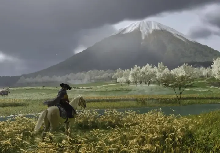 Jazda konna w Ghost of Tsushima PC. W oddali widać ośnieżony szczyt góry, a na pierwszym planie kwitnące drzewa i rzekę.