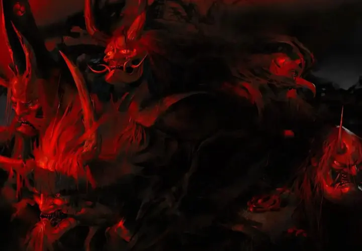 Mroczne, demoniczne maski w czerwonym świetle. Klimat niczym z Ghost of Tsushima tryb legend.