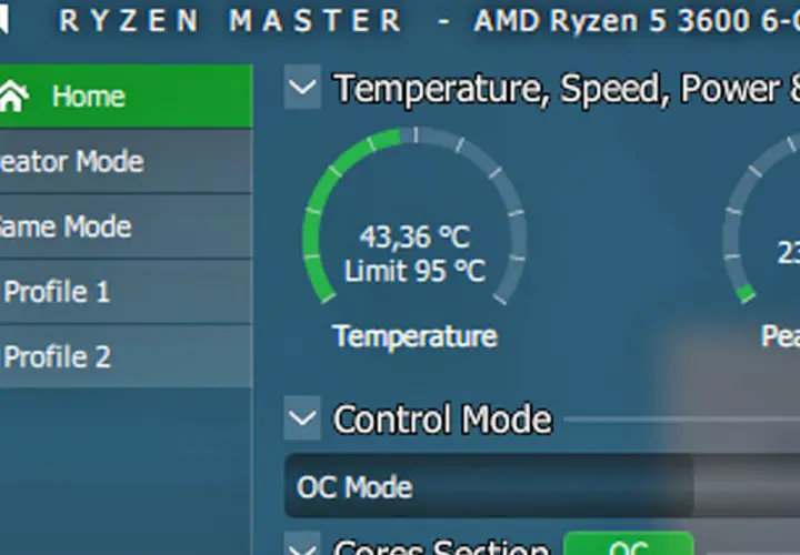 Jak sprawdzić temperaturę procesora? Aplikacja Ryzen Master pokazuje aktualną temperaturę CPU 43,36°C, limit 95°C.