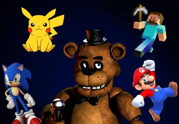 Freddy Fazbear w cylindrze, otoczony przez Pikachu, Sonica, Steve'a z Minecrafta i Mario.