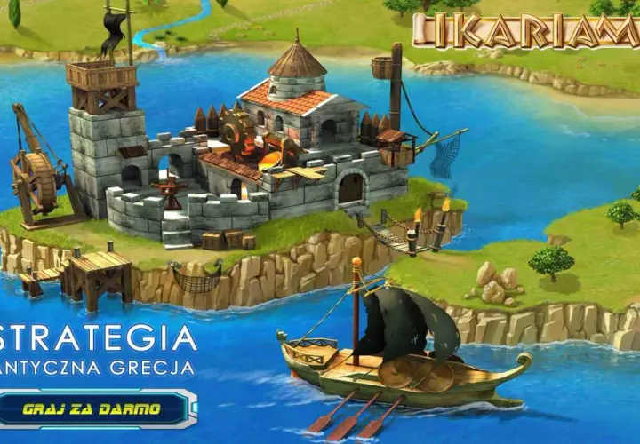Gry strategiczne online: starożytna Grecja, twierdza na wyspie, statek w morzu. Graj za darmo!