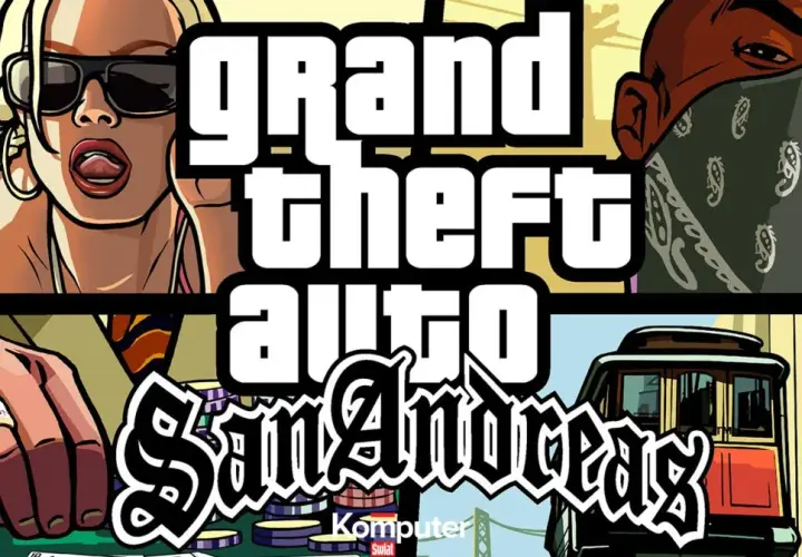 Kobieta w okularach, mężczyzna w bandanie, ręka z pierścionkiem i tramwaj. To wszystko w stylu GTA San Andreas, gdzie można użyć kodu aezakmi.