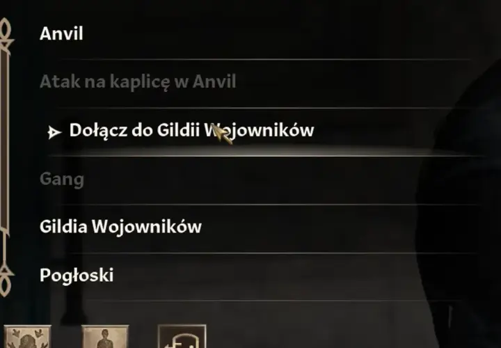 Wybór "Dołącz do Gildii Wojowników" w grze Oblivion. Kursor wskazuje opcję.