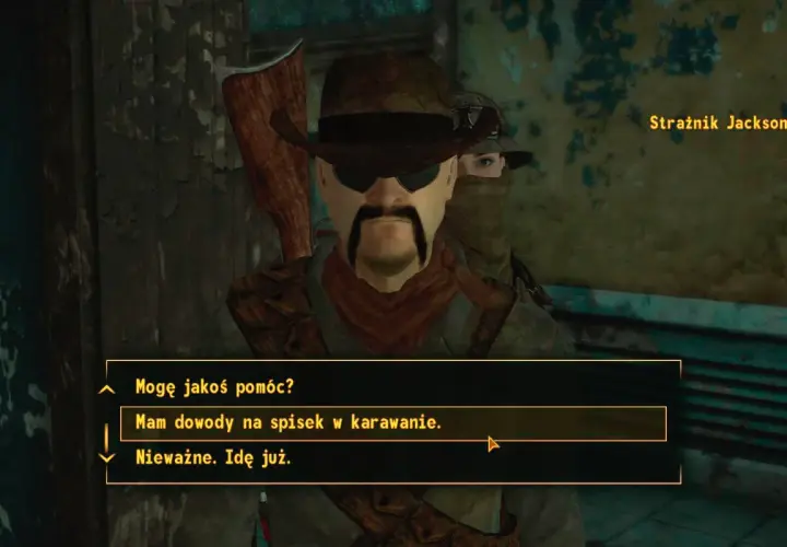 Strażnik Jackson z New Vegas pyta, czy mogę pomóc. W tle widać drugą postać.