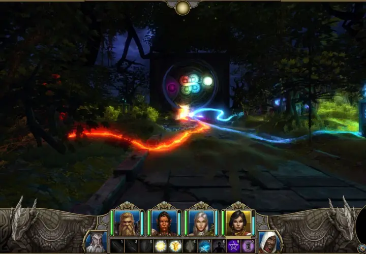 Magiczna brama w lesie, ścieżka pełna ognia i lodu. Bohaterowie przygotowują się do kolejnego etapu w tej grze typu dungeon crawler.