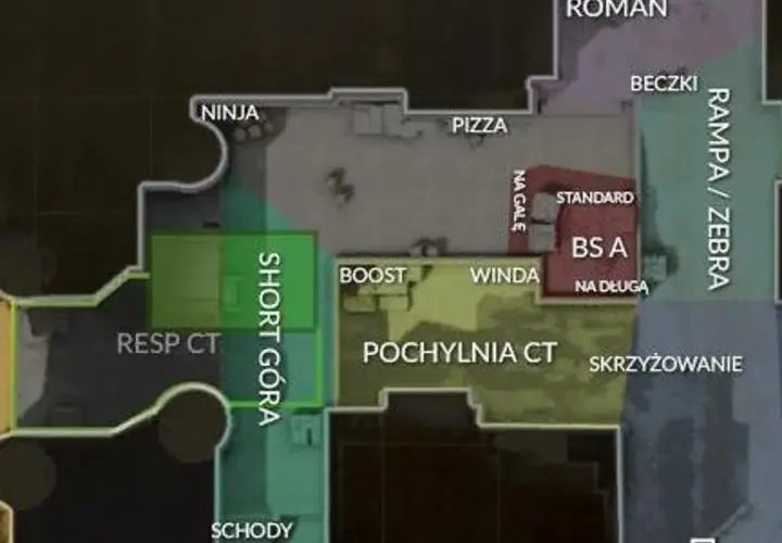 Mapa CS2 z nazwami lokacji: Ninja, Pizza, Resp CT, Short Góra, Roman, Beczki, Rampa/Zebra, Standard, BS A, Na Długa, Boost, Winda, Pochylnia CT, Skrzyżowanie.