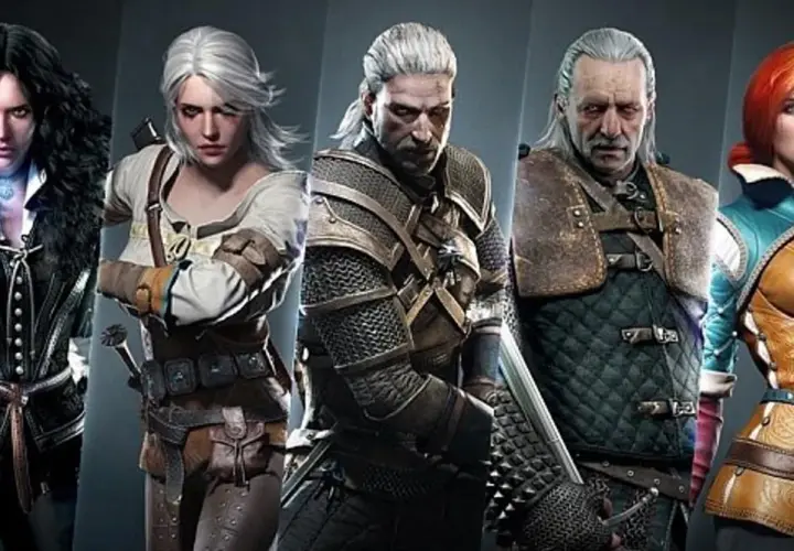 Postacie z Wiedźmina: Yennefer, Ciri, Geralt, Vesemir i Triss w swoich charakterystycznych strojach.
