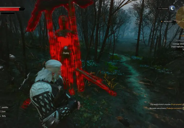 Geralt bada ślady panie lasu w mrocznym lesie. Czerwony zarys wskazuje na miejsce, gdzie należy użyć wiedźmińskich zmysłów.
