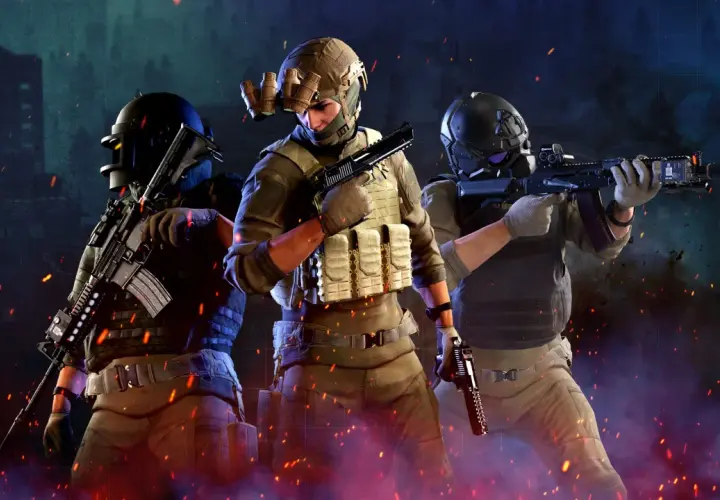 Trzech żołnierzy w taktycznym wyposażeniu, gotowych do akcji w świecie gry fps.