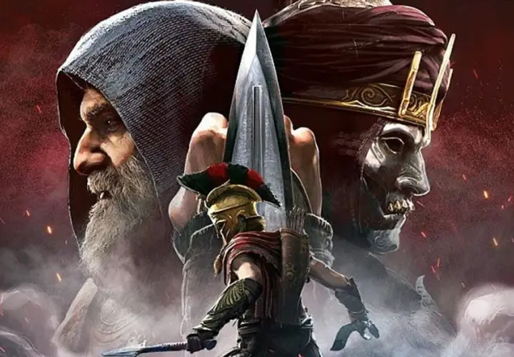 Postać z hełmem i włócznią na tle dwóch twarzy: starszego mężczyzny w kapturze i złowrogiej postaci w masce. To Assassin's Creed Odyssey Dziedzictwo Pierwszego Ostrza.