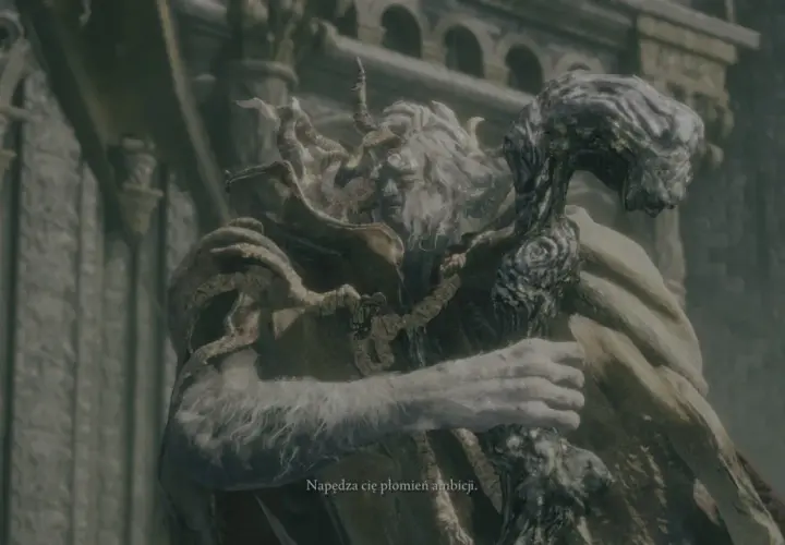 Margit, the Fell Omen z Elden Ring, z groźną miną i kosturem. "Napędza cię płomień ambicji.