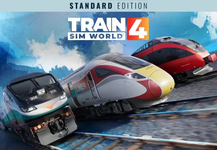 Trzy nowoczesne pociągi pędzą po torach. To okładka gry Train Sim World 4, która pozwala poczuć emocje związane z prowadzeniem składów.