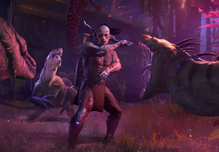 Turok w otoczeniu trzech groźnych dinozaurów, gotów do walki w dżungli.
