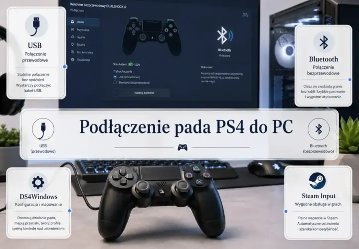 Jak podłączyć pada do PS4: przewodowo przez USB, bezprzewodowo przez Bluetooth, z DS4Windows lub Steam Input.