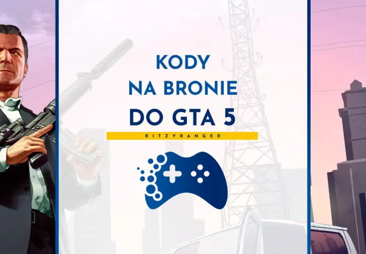 Michael z GTA 5 trzyma broń, a obok napisy "Kody na bronie do GTA 5".