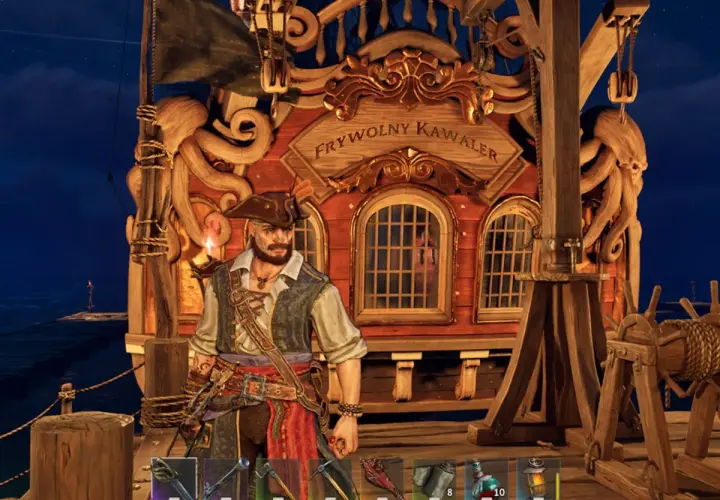 Piracki kapitan na tle statku "Frywolny Kawaler". Wspaniała grafika z gier o piratach.