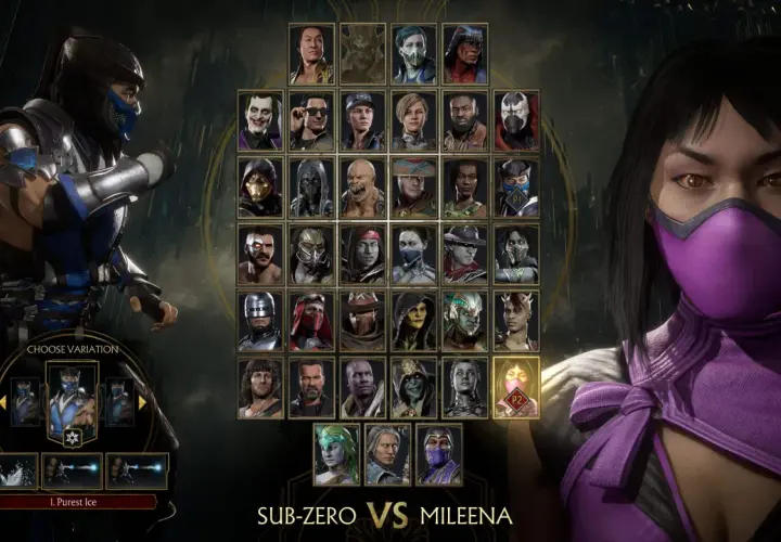 Wybór postaci w Mortal Kombat 11: Sub-Zero kontra Mileena. Widoczny wybór wariantów Sub-Zero i siatka z innymi postaciami.