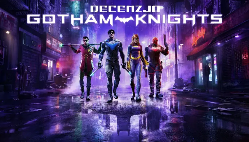 Czterech bohaterów, rycerze Gotham, w tym Robin, Nightwing, Batgirl i Red Hood, stoją na mokrej ulicy miasta nocą.