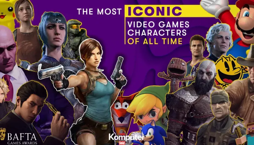 Ikoniczne postacie z gier: Mario, Lara Croft, Kratos, Link, Pac-Man, Master Chief, Nathan Drake, Steve i inni.
