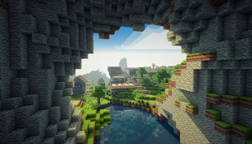 Widok na wioskę w najpopularniejszej grze na świecie, Minecraft. Woda, domki i zielone wzgórza.