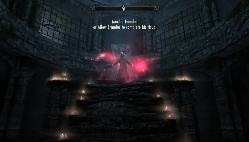 Mroczny rytuał w Skyrim. Postać otoczona czerwonymi aurami, wybór: zabić Erandura czy pozwolić mu dokończyć, to prawdziwy koszmar na jawie.