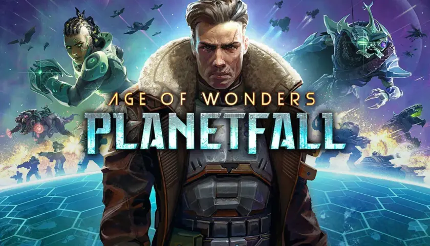 Postapokaliptyczna wizja z gry Age of Wonders Planetfall: człowiek w futrzanym kołnierzu, wojowniczka z plemienia Amazonek i potężne istoty walczą na tle kosmicznej bitwy.
