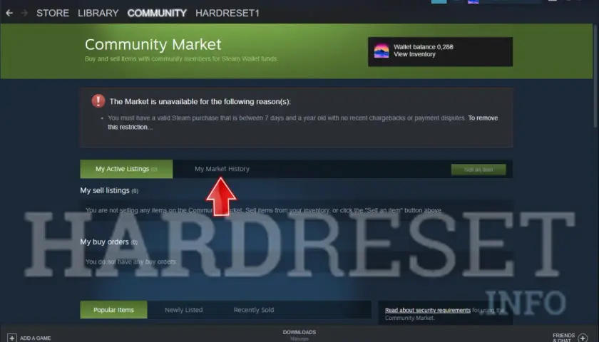 Jak sprawdzić ile się wydało na Steam? Kliknij "My Market History" na stronie Community Market.