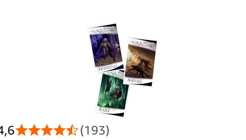 Okładki książek z serii Drizzt Do'Urden: "Homeland", "Sojourn" i "Exile".