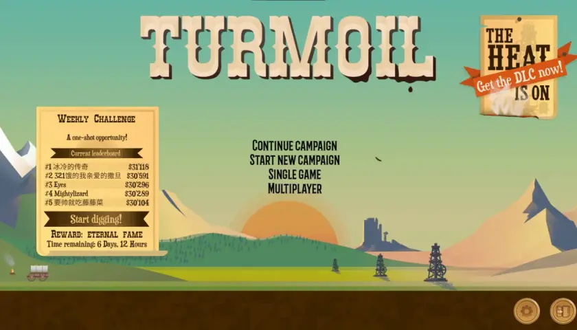 Tytuł gry TURMOIL, menu z opcjami kampanii, gry jednoosobowej i wieloosobowej. Po lewej tygodniowe wyzwanie z rankingiem.