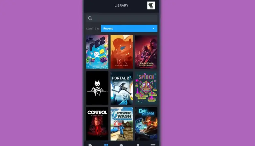 Ekran telefonu z biblioteką gier Steam. Dowiedz się, jak usunąć grę z biblioteki Steam na telefonie, przeglądając dostępne tytuły.