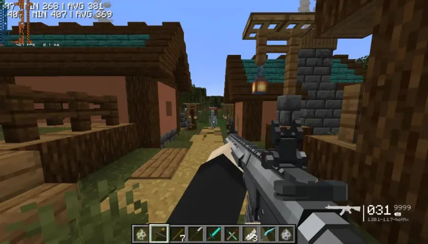 Gracz z karabinem w ręku w świecie Minecraft, gdzie piękne shadery podkreślają detale budynków i postaci.