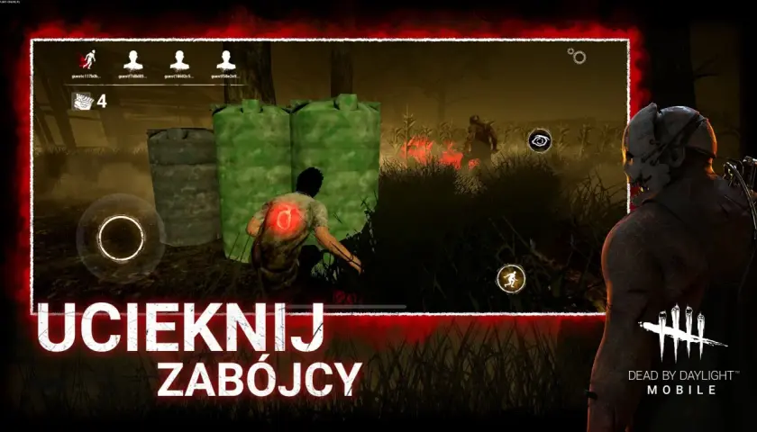 Uciekaj przed zabójcą w grze Dead by Daylight Mobile. Widok na przerażającą rozgrywkę z perspektywy zabójcy.