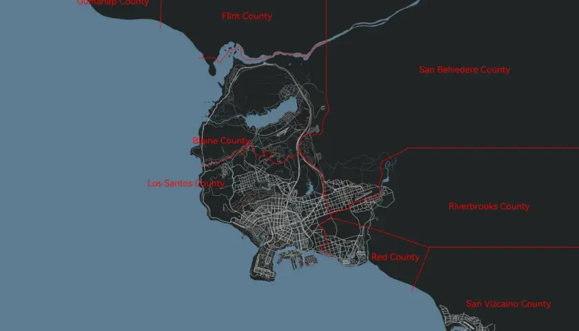 Mapa Los Santos i okolicznych hrabstw: Gumanap, Flint, Blaine, Red, San Belvedere, Riverbrooks i San Vizcaino.