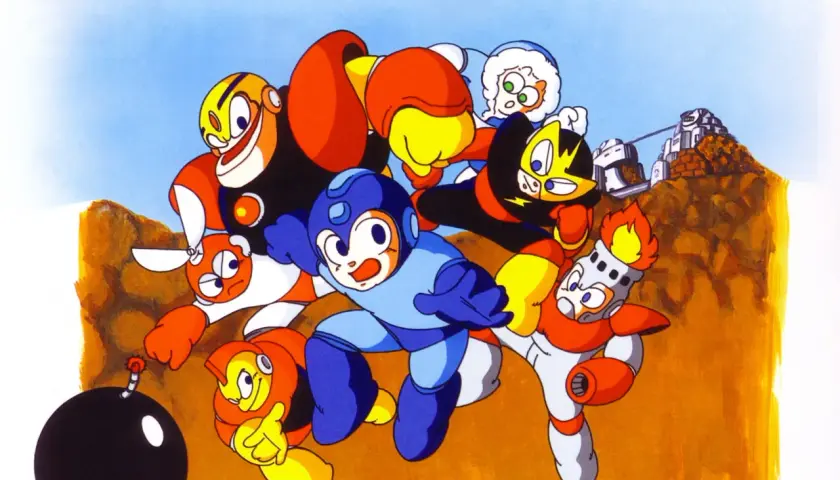 Grupa robotów z gry **Mega Man** szykuje się do akcji. W centrum niebieski bohater, otoczony przez kolorowych przeciwników i pomocników, na tle pustynnego krajobrazu.
