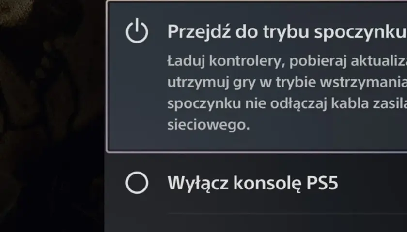 Menu zasilania PS5: opcja "Wyłącz konsolę PS5" jest widoczna, pokazując jak wyłączyć PS5.