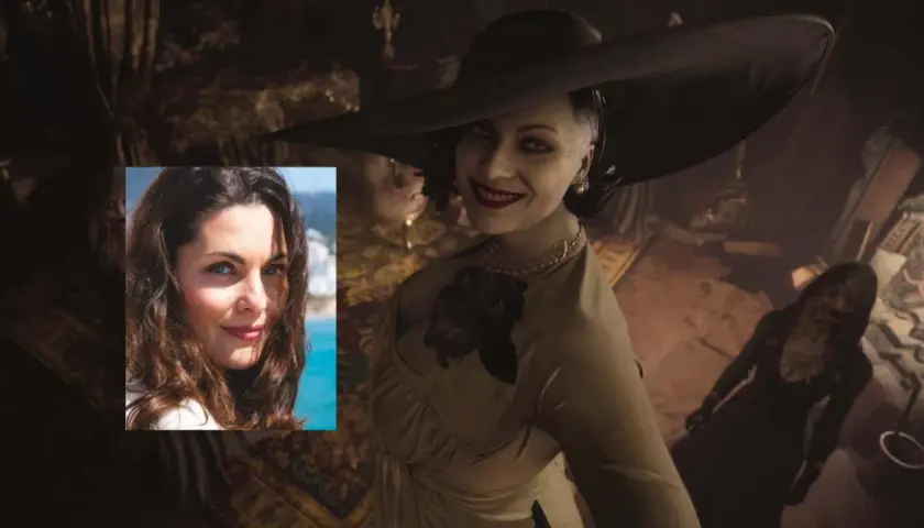 Lady Dimitrescu, wampirzyca z gry Resident Evil Village, uśmiecha się złowieszczo. Obok jej portretu znajduje się zdjęcie kobiety o brązowych włosach i niebieskich oczach.