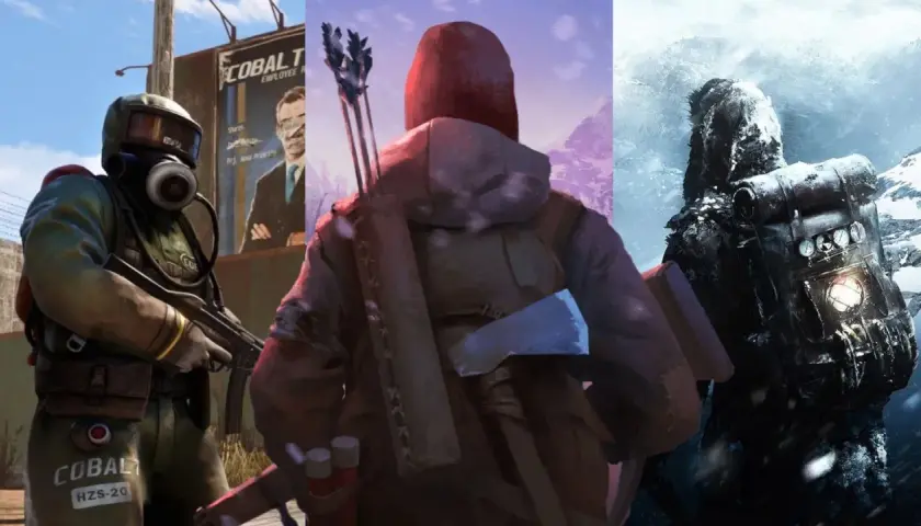 Postapokaliptyczne gry survival multiplayer: postać w masce gazowej, łucznik w zimowym krajobrazie i samotny wędrowiec w śnieżnej zamieci.