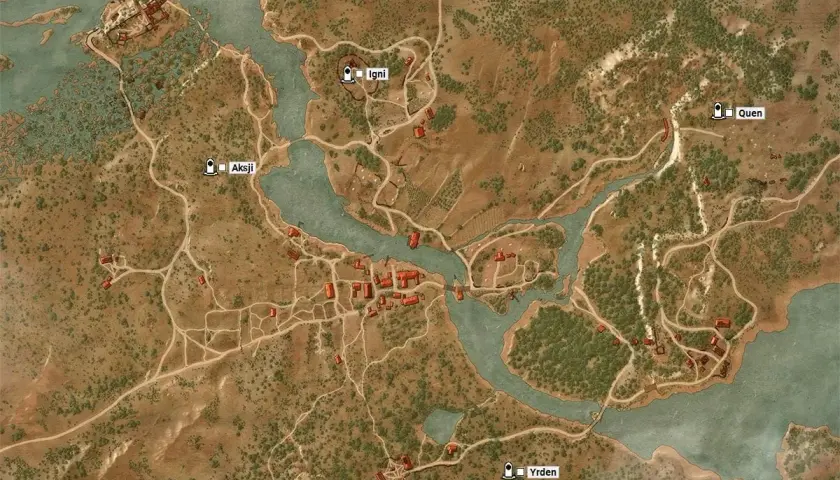Mapa Toussaint z zaznaczonymi miejscami mocy: Aard, Igni, Aksji, Quen i Yrden.