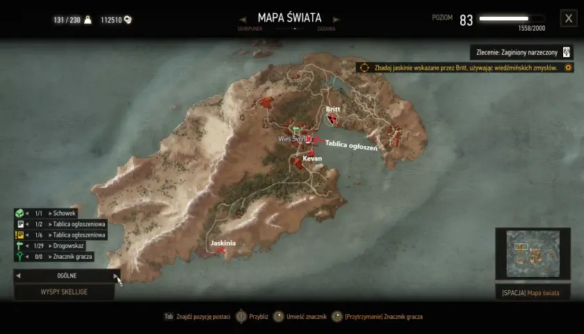 Mapa świata z zaznaczonymi lokacjami na wyspach Skellige: Britt, Wieś Svorl, Kevan i Jaskinia.