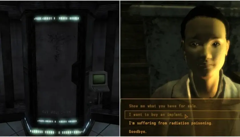 W New Vegas, chcesz kupić implant? Widać tu gabinet lekarski i okno dialogowe z opcją zakupu.