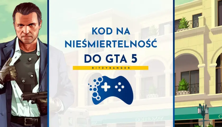 Michael z GTA 5 z pistoletem, obok napis "KOD NA NIEŚMIERTELNOŚĆ DO GTA 5" i niebieski kontroler.