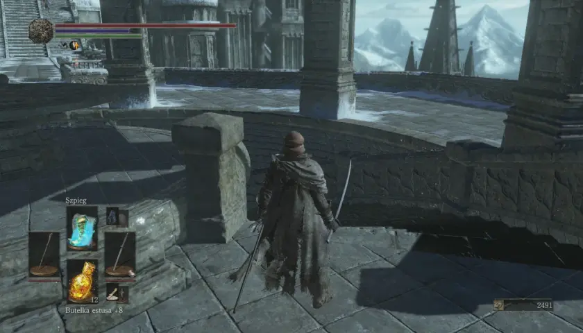 Postać w zniszczonym płaszczu z dwoma mieczami na tle majestatycznych gór i budowli, przypominających Anor Londo.